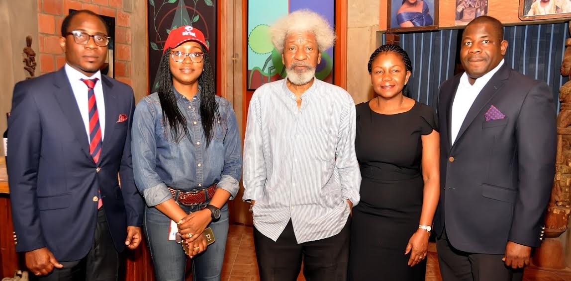 L-R, Head, Public Relations, Airtel Nigeria, Adefemi Adeniran; Zonal Business Manager, Lagos North, Chioma Agogo; Nobel Laureate, Prof. Wole Soyinka and his wife, Folake Soyinka, with Regional Operations Director, Airtel, Lagos Region, Oladokun Oye during the courtesy call on Prof. Soyinka on the telco’s educational product, Airtel Smart Trybe Junior, at his residence in Abeokuta on Thursday.