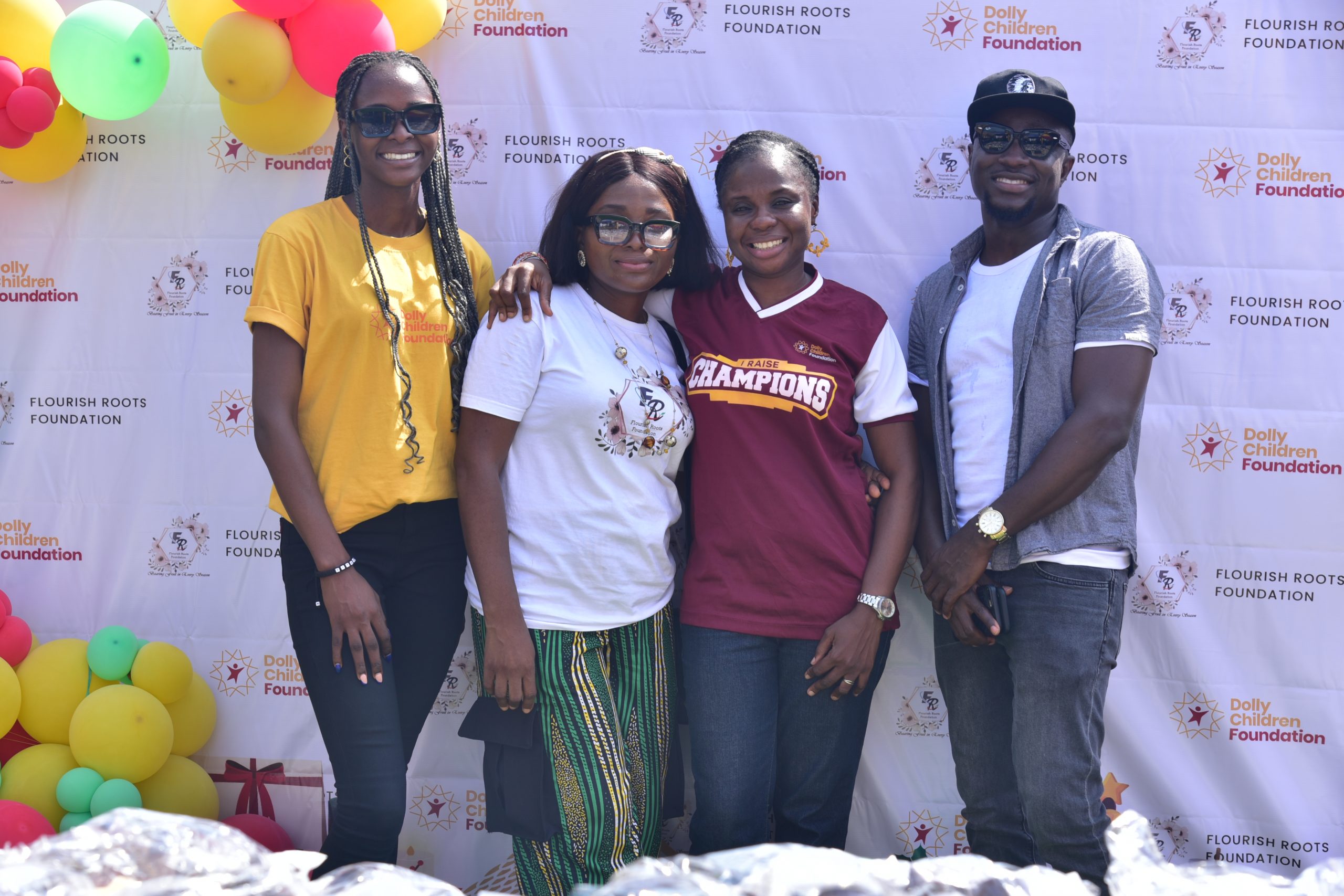 L-R: Temiloluwa Okunade, Head of Content, Dolly Children Foundation; Adeyemi Adeniyi, Project Manager, Flourish Roots Foundation; Adedolapo Osuntuyi, Executive Director, Dolly Children Foundation; and Adebiyi Desalu, Representative of Flourish Roots Foundation, at the Fifth Annual BOLD Christmas Project, a collaborative initiative between Flourish Roots Foundation and Dolly Children Foundation.