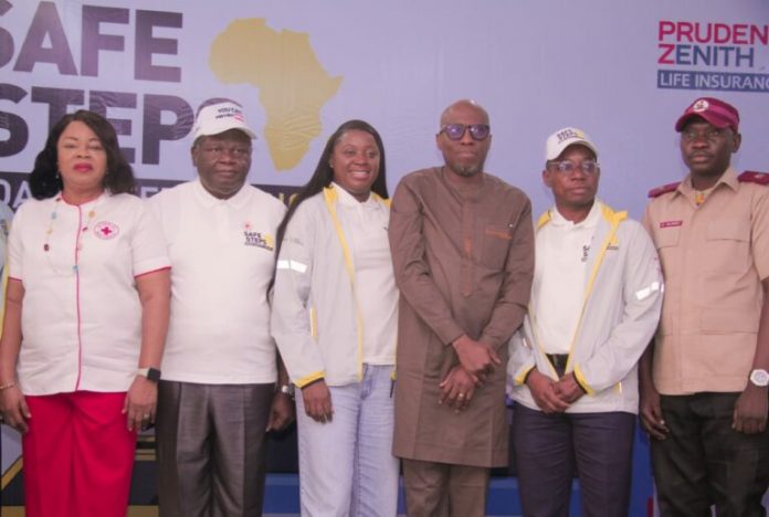 L-R: Chairman, Nigerian Red Cross, Lagos State Branch, Dr Victoria Kolawole; President, Nigerian Red Cross, Prince Oluyemisi Adeaja; Chief Strategy and Transformation Officer, Cherise Ige; Director, Transportation Operations, Lagos State Ministry of Transportation, Olasunkanmi Ojowuro; Executive Director/ Chief Financial Officer, Prudential Zenith Life Insurance, Afolabi Lawal; and Superintendent Route Commander, (Lagos Island) Federal Road Safety Commission, Olawuyi Olusola at the inauguration of the Safe Step Road Safety Africa, in Lagos